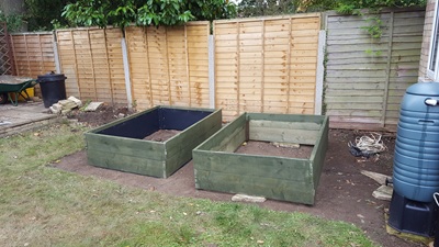 Grass now removed from the area under and around the raised beds.  Raised beds now painted green and lined.