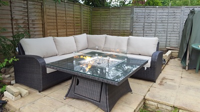 Sofa and table with firepit in place